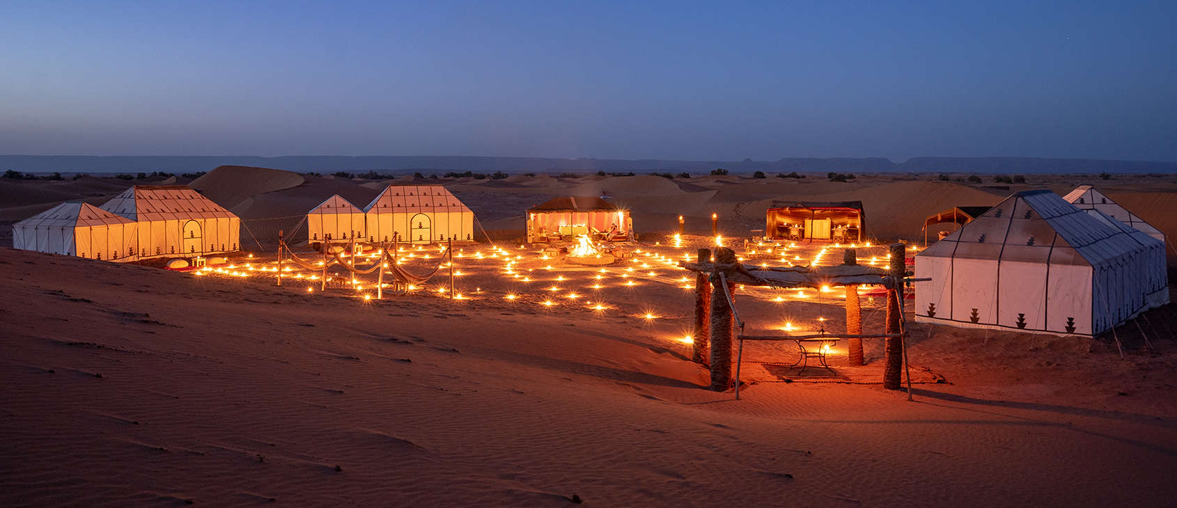 Erg Chigaga Luxury Desert Camp Morocco, Private Camp at dusk